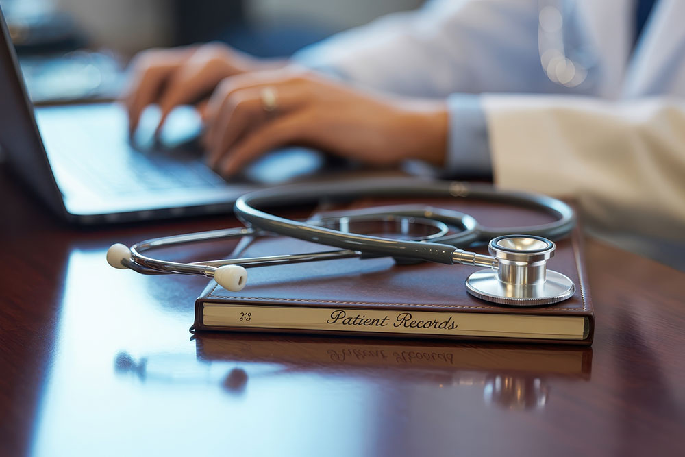 Doctor working on a laptop with a stethoscope and medical records representing review of care in a malpractice claim