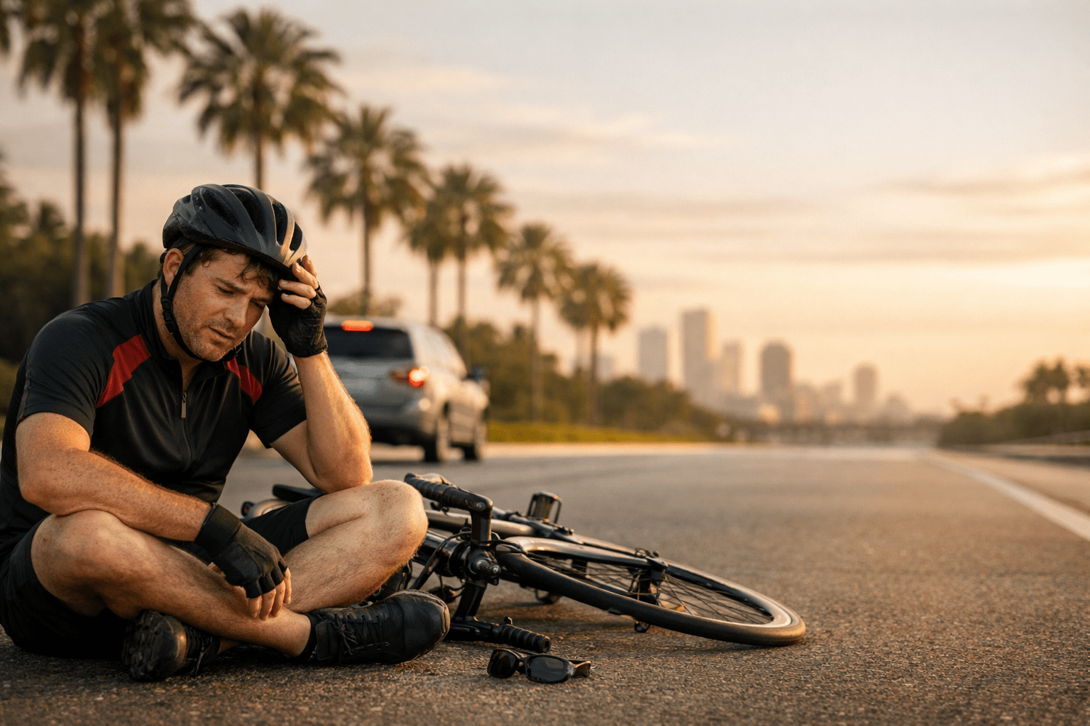 Injured cyclist sitting on the road next to a fallen bicycle after an accident.