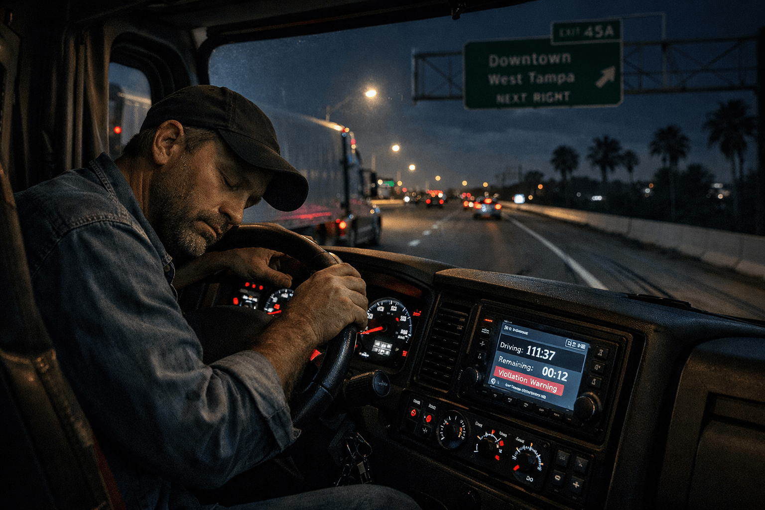 Fatigued truck driver falling asleep at the wheel while driving at night on a highway.