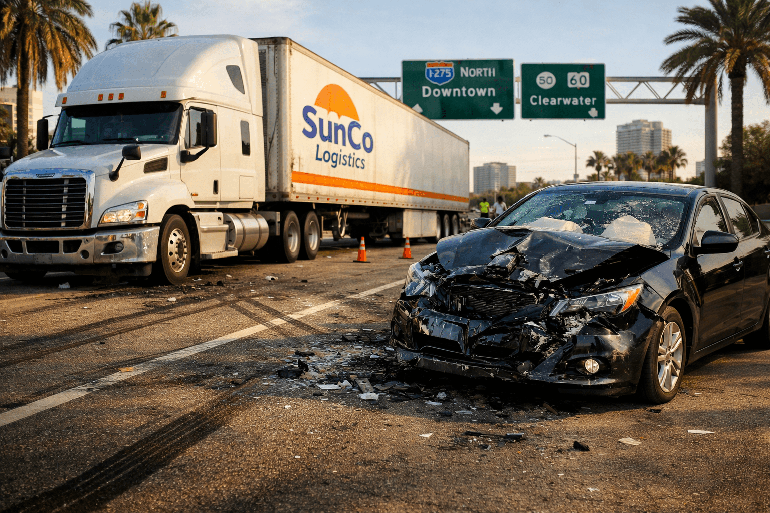 Damaged car and semi truck involved in a highway collision with debris on the road.