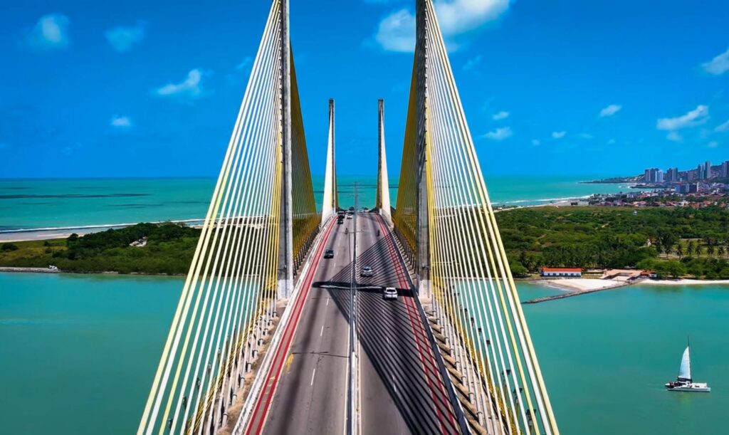 An aerial view of a large suspension bridge highlights major local transit routes served by St Petersburg Uber Accident Lawyers.