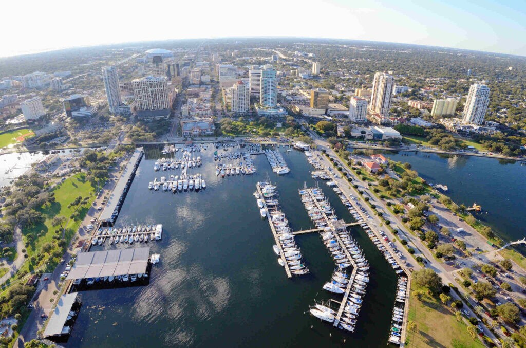 Aerial view of the St. Petersburg waterfront marina served by a St. Petersburg Personal Injury Lawyer.