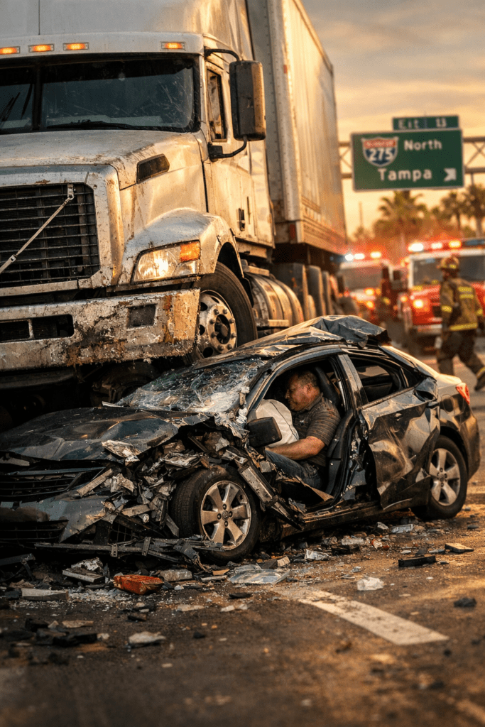 Severely damaged car crushed under a truck after a major highway collision with emergency responders nearby.