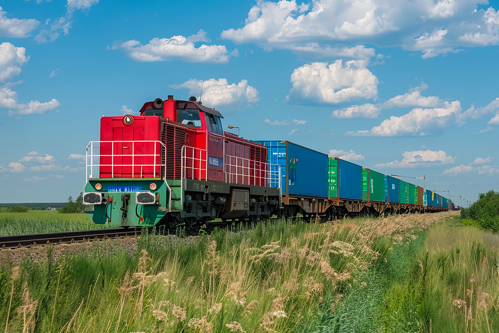 Freight train carrying shipping containers representing rail accident risks and liability claims