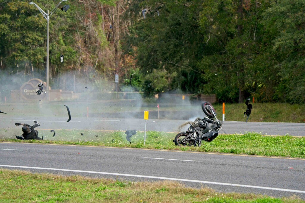 Motorcycle crash scene showing severe impact and debris highlighting cases handled by a Clearwater motorcycle accident lawyer